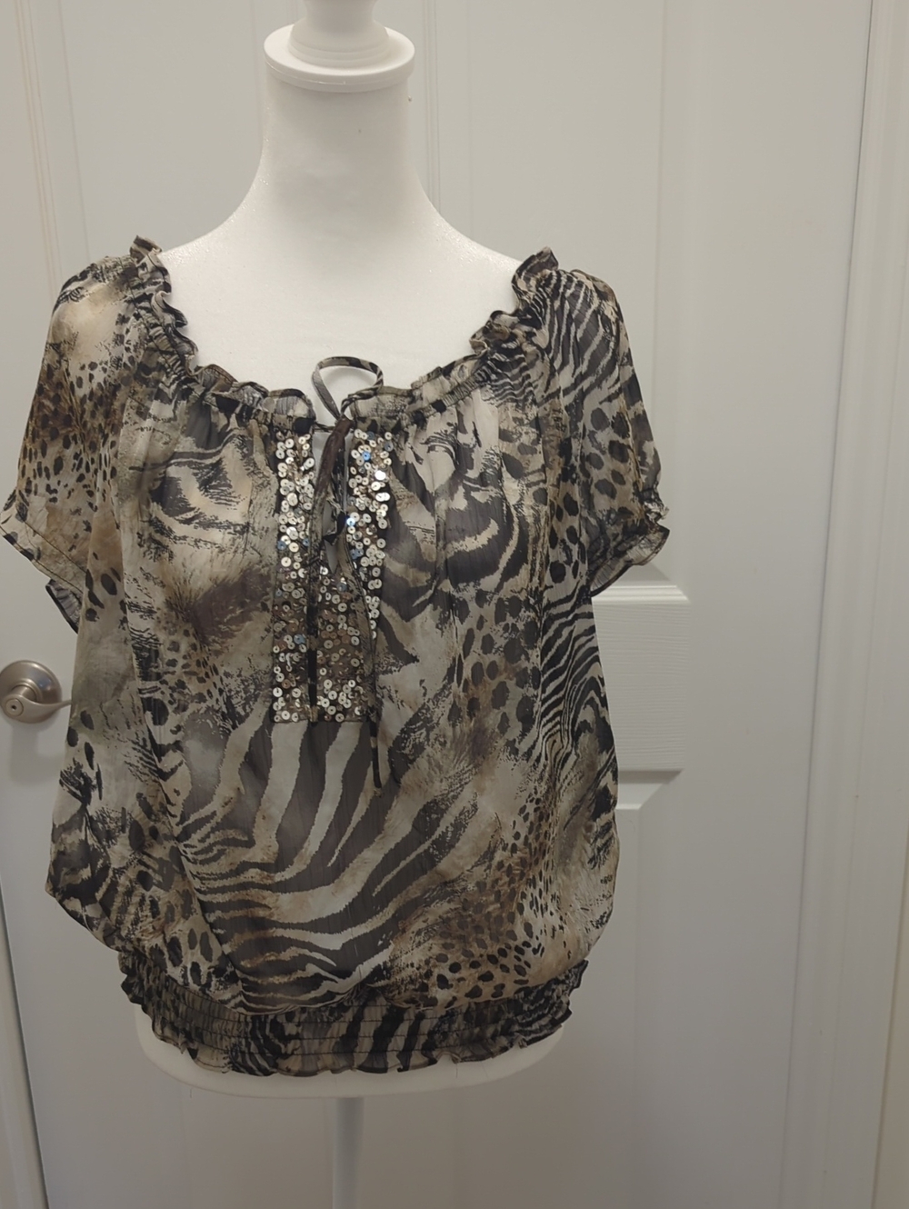 Sunny Leigh Animal Print Sequin Tie-Neck Blouse - Brown/Black/Cream